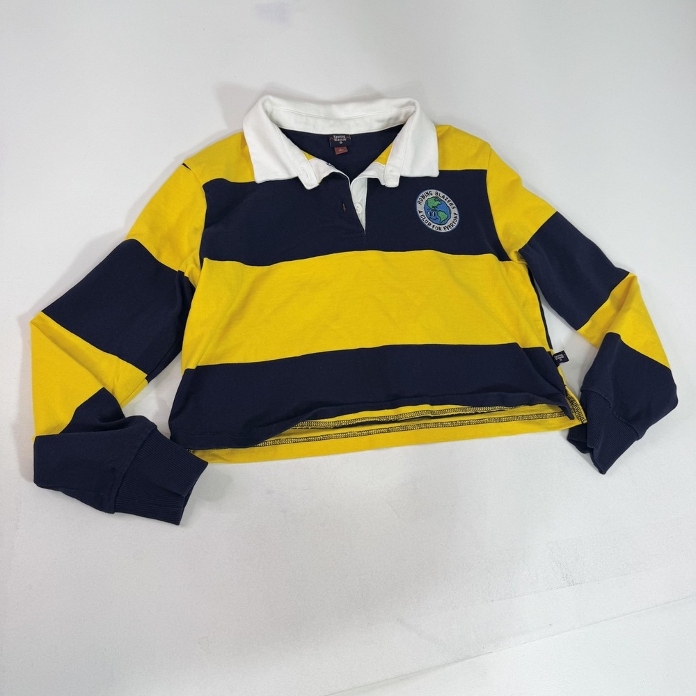 Rowing Blazers Shirt Womens‎ Large Navy Yellow Rugby Cropped Collar Globe Patch
